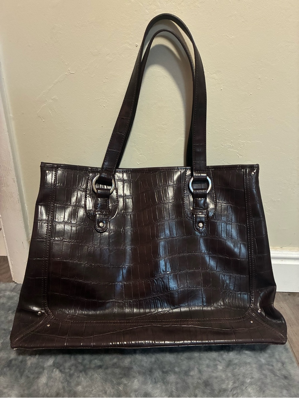 Croc-Embossed Dark Brown Tote Bag with Double Straps